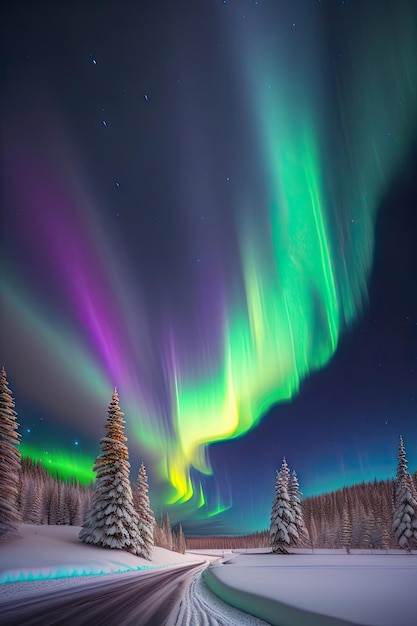 Luci del Nord sullo sfondo di alberi innevati nella foresta invernale Opere d'arte digitali