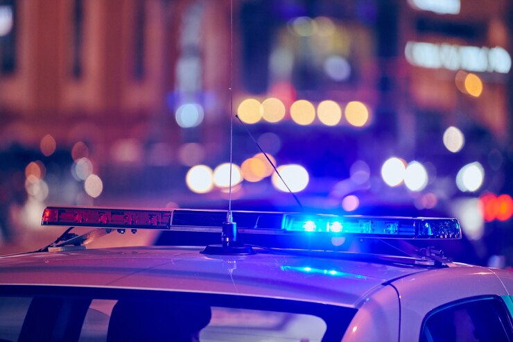 Luci della macchina della polizia alla via della città di notte Luci rosse e blu.