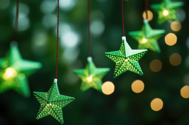 Luci della stella di Natale su sfondo verde sfocato Decorazione della luce della stringa LED AI generata