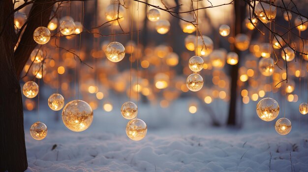 Luci di fate luminose in una foresta o in un parco con il bokeh invernale come sfondo