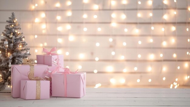 Luci di Natale che bruciano su uno sfondo di legno bianco con scatole da regalo e scale rosa Generative Ai