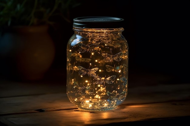 Luci di Natale in un barattolo di vetro su un tavolo di legno Stile vintage