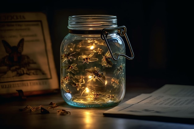 Luci di Natale in un barattolo di vetro su un tavolo di legno Stile vintage