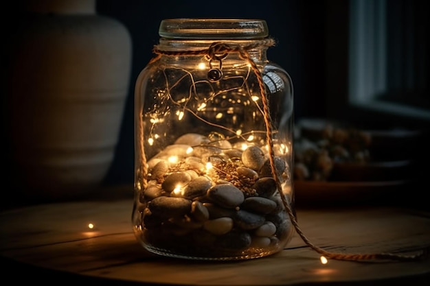 Luci di Natale in un barattolo di vetro su un tavolo di legno Stile vintage