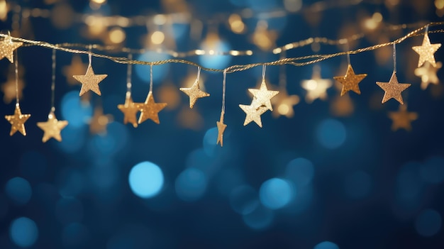 Luci di Natale Stringa di stelle in sfondo astratto sfocato Stelle dorate su bokeh blu AI