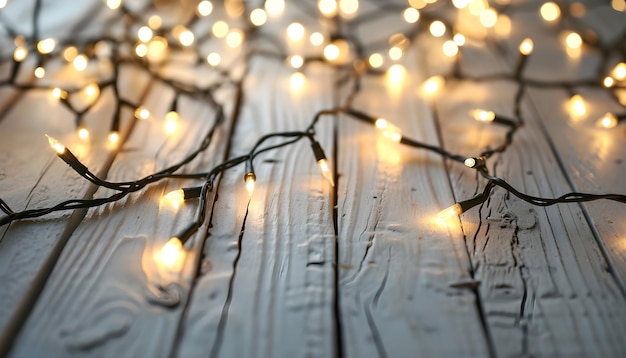 Luci di Natale sulla luce del giorno di vista superiore del fondo della tavola di legno bianco