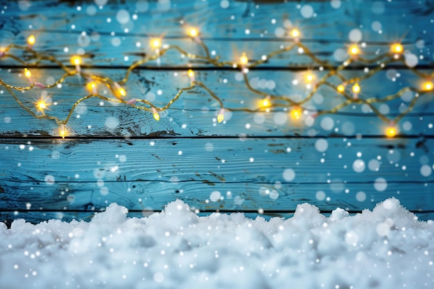 Luci di Natale sulla neve su uno sfondo di legno