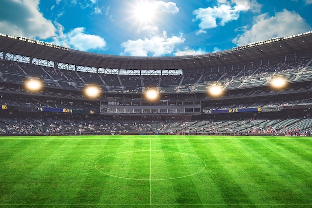 Luci di notte e rendering 3d stadio di calcio Punto di obiettivo di erba verde