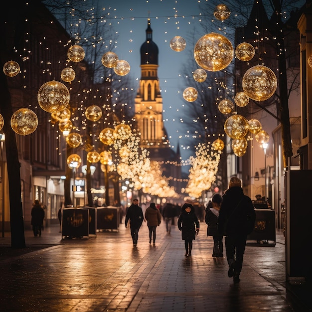 Luci dorate di Natale che illuminano una strada cittadina