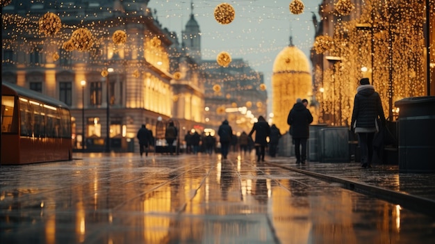 Luci dorate di Natale che illuminano una strada cittadina