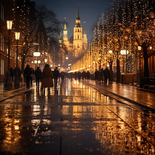 Luci dorate di Natale che illuminano una strada cittadina