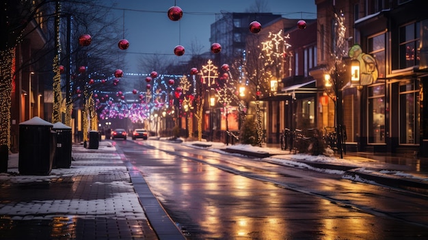 Luci e decorazioni natalizie colorate in una strada cittadina