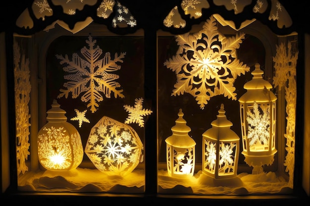 Luci natalizie sotto forma di fiocchi di neve e figure sulla finestra di vetro lanterne di natale sulla finestra crea