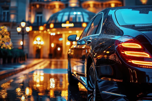 luci posteriori di un'auto commerciale di lusso di colore nero parcheggiata in un parcheggio di strada sullo sfondo di un albergo costoso di notte in primo piano