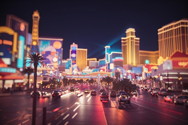 Luci sfocate della città di notte tonalità dei colori applicata a Las Vegas USA