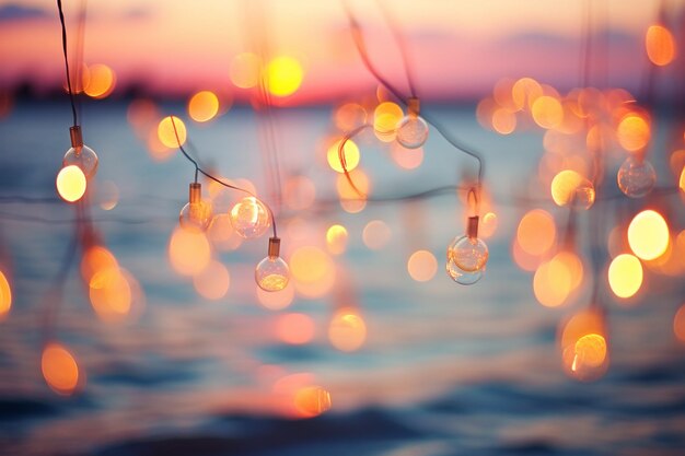 Luci sfocate della spiaggia di Bokeh al tramonto