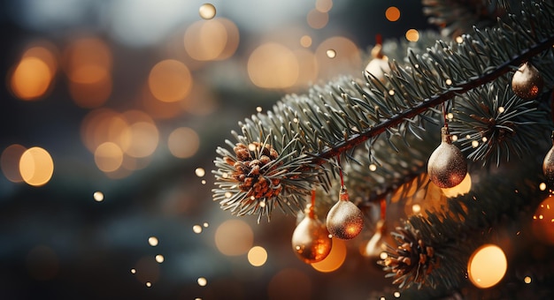 Luci su un primo piano di un albero di pino di Natale