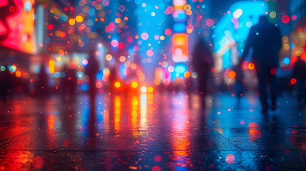 Luci vibranti della città in una notte piovosa con pedoni sfocati