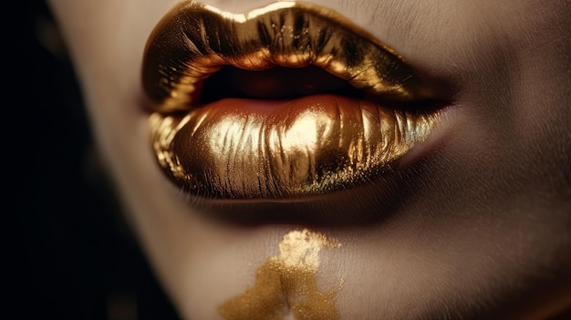 Lucido metallico delle labbra dell'oro sul primo piano nero di trucco del labbro di modo del fondo