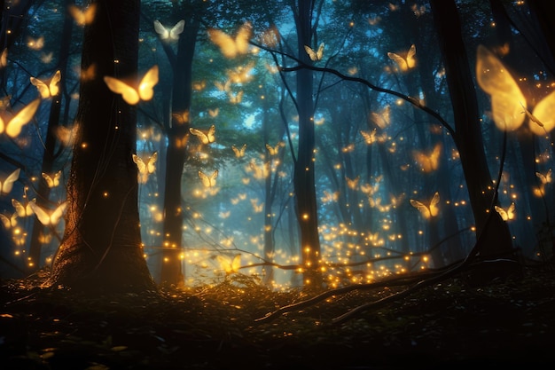 Luciere che illuminano una foresta al crepuscolo Focalizzate la foto della foresta luminosa su un accogliente sfondo sfocato notturno generato da Ai