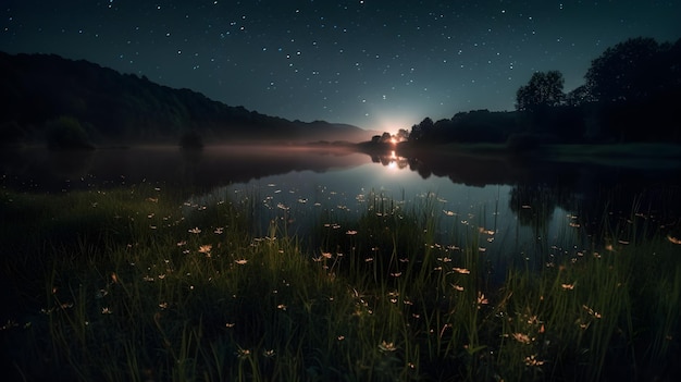 Luciere in un prato vicino al lago di notte generativo ai