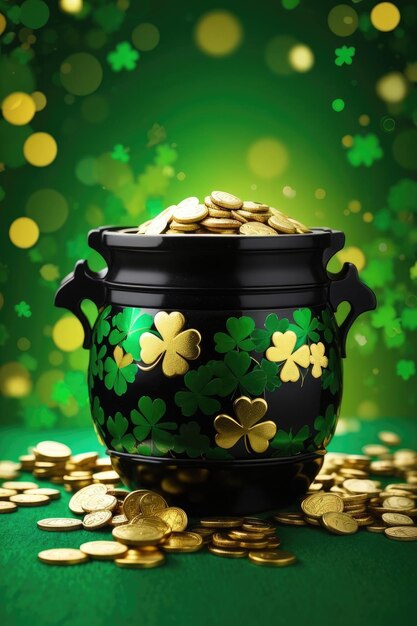 Lucky St Patrick's Day Una pentola di foglie di trifoglio d'oro e gioia festosa