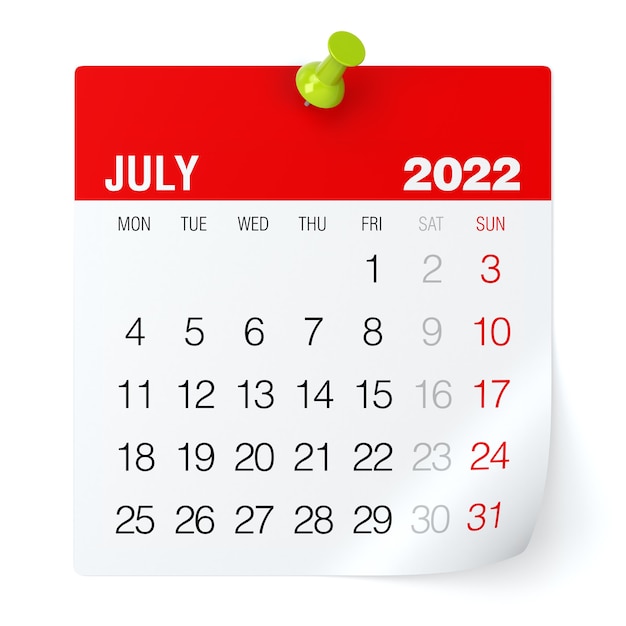 Luglio 2022 - Calendario. Isolato su sfondo bianco. Illustrazione 3D