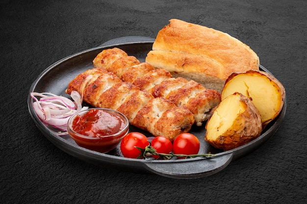 Lula kebab con matnakash di patate grigliate e salsa rossa Servito in una padella di ghisa