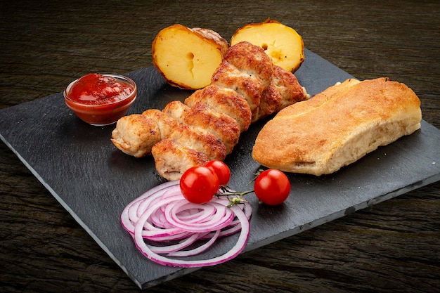 Lula kebab con matnakash di patate grigliate e salsa rossa Servito su un piatto di pietra