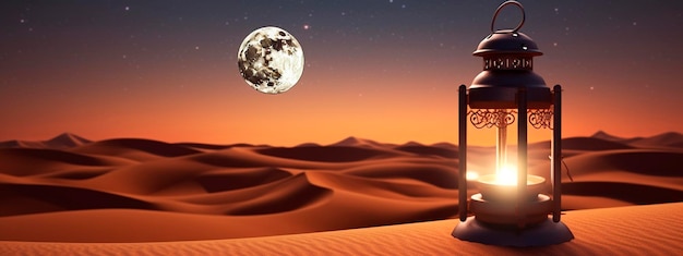 Luminare musulmano di notte nella luna del deserto IA generativa