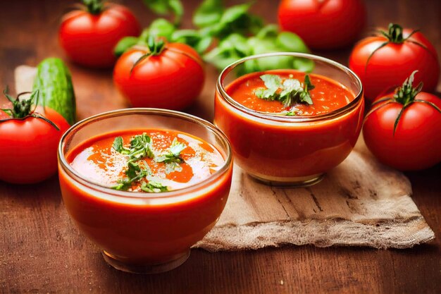 Luminosa appetitosa zuppa di gazpacho con verdure servite in ciotole di vetro trasparente