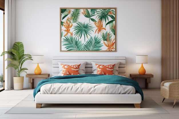 Luminosa camera da letto tropicale con accenti in legno e biancheria da letto verde acqua