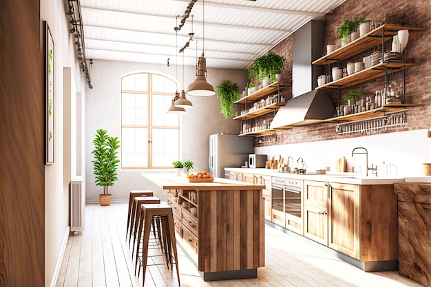 Luminosa e moderna cucina a soppalco vuota con finiture in legno nell'arredamento