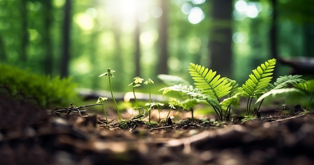 Luminosa radura della forestabella luce del sole e sfondo della natura stagionale con bokeh e breve profondità di campo Primo piano con spazio per il primo piano del testo sulla natura della fauna selvatica funghi e foglie verdi fresche