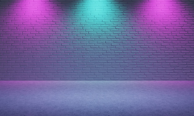 Luminosa stanza vuota realizzata in mattoni con sfondo di riflettori di colore viola e blu