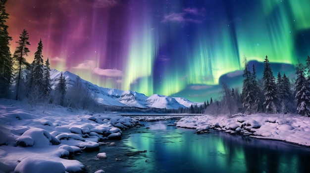 luminose aurore dell'Alaska sulla neve ghiacciata