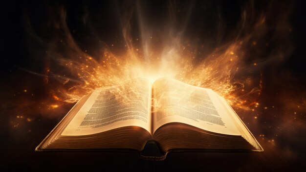 Luminoso antico libro della Sacra Bibbia, banner generato dall'AI.