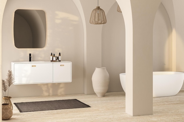 Luminoso bagno interno minimale con lavabo bianco e vasca a specchio ovale piante secche in tappeto vaso su pavimento in granito Accessori da bagno e finestra in hotel studio rendering 3D