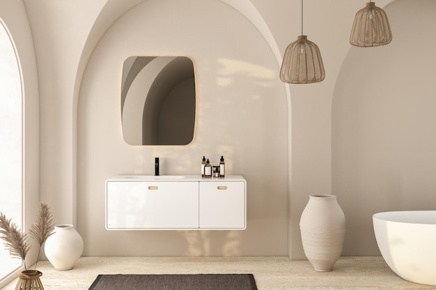 Luminoso bagno interno minimale con lavabo bianco e vasca a specchio ovale piante secche in tappeto vaso su pavimento in granito Accessori da bagno e finestra in hotel studio rendering 3D