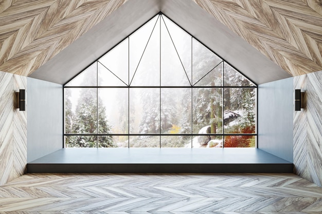 Luminoso interno loft in legno con luminosa vista sulla foresta invernale Design in stile lussuoso e moderno concetto di hotel Rendering 3D