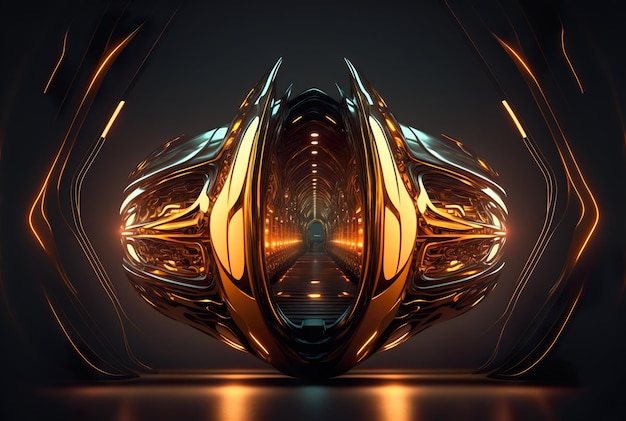 Luminoso moderno futuristico fantascientifico Tunnel di nave aliena con incandescente forma astratta luci generative ai