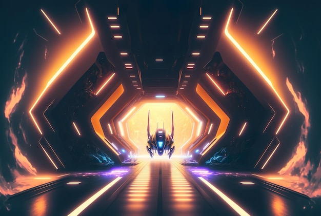 Luminoso moderno futuristico fantascientifico Tunnel di nave aliena con incandescente forma astratta luci generative ai