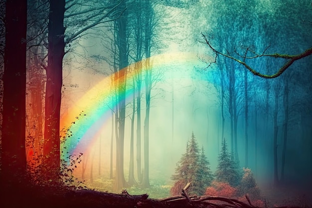 Luminoso paesaggio arcobaleno con alberi nella foresta nebbiosa il giorno di primavera