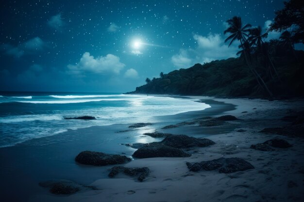 Luminoso paesaggio notturno in riva al mare alla luna piena generativa ai