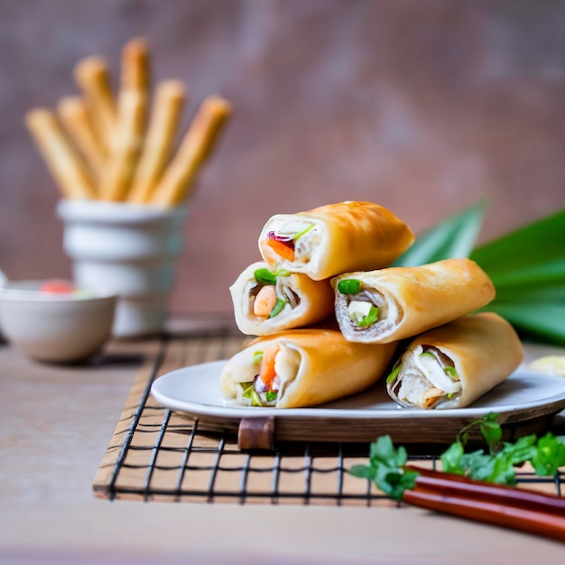 Lumpia o lunpia è uno spuntino tradizionale con la pelle degli involtini primavera di Semarang, Indonesia. Involtini primavera tradizionali fatti con uova e pollo o gamberetti saltati in padella con germogli di bambù isolati su sfondo bianco