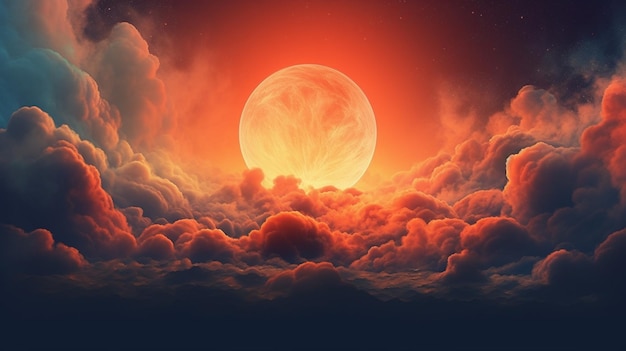 Luna arancione brillante dietro le nuvole IA generativa