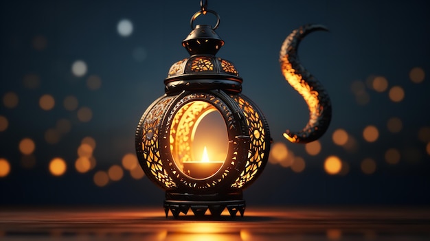 Luna crescente con lanterne accese Ramadan Karim concetto di sfondo Generative Ai