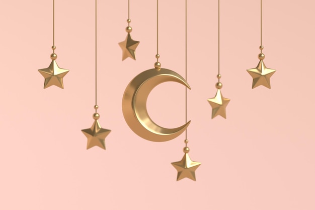 Luna crescente d'oro e stelle Ornamento islamico 3d rendering illustrazione