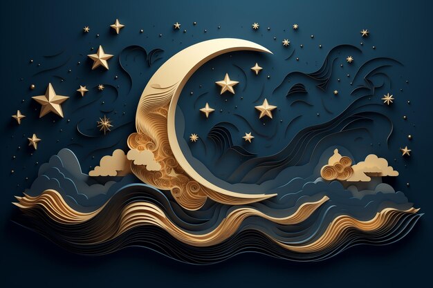 luna crescente decorata con stelle e nuvole in stile cartaceo da generative Ai