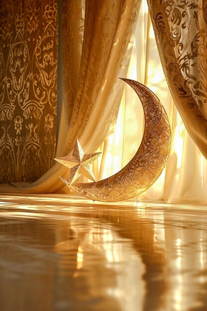 Luna crescente dorata con una stella attaccata in una stanza illuminata dalla luce del sole